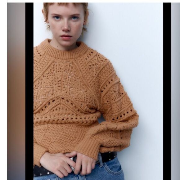 ZARA boho chunky 3D open knit balloon sleeve sweater sz small - Picture 10 of 11